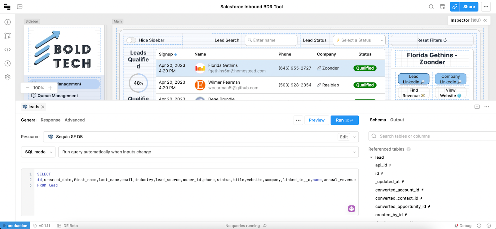 sql query in retool in a sales app