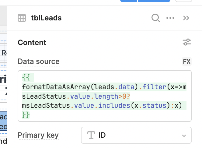 table data source with filter option in JS