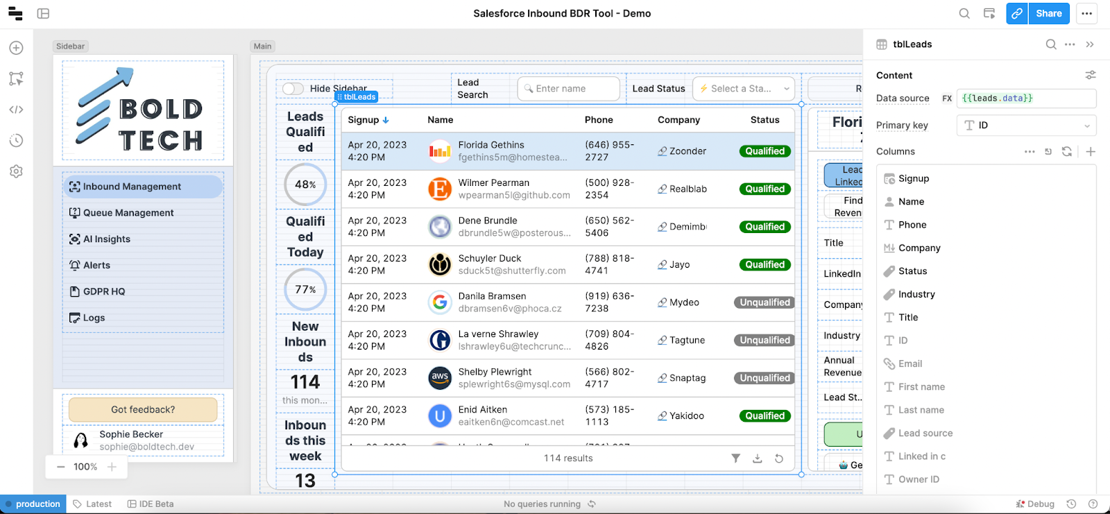 table inspector in retool