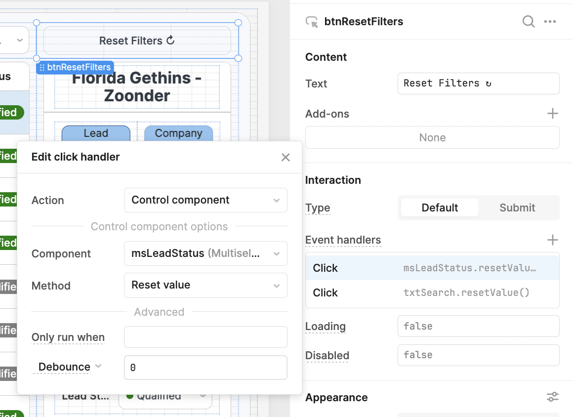 event handlers for reset filter button in retool