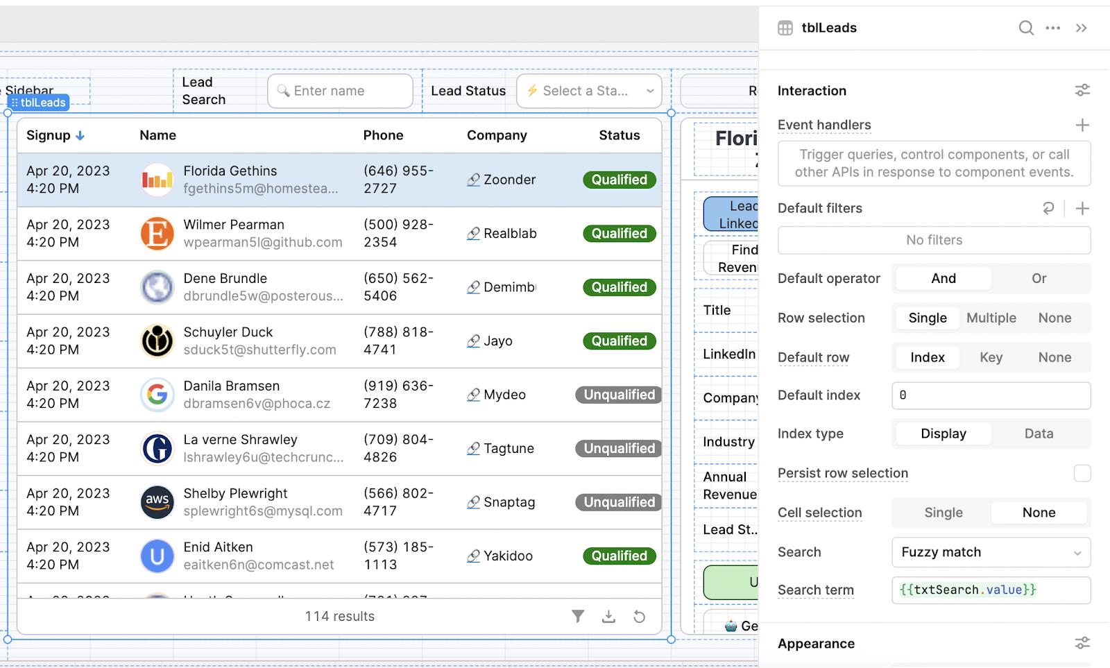 table search term value in retool