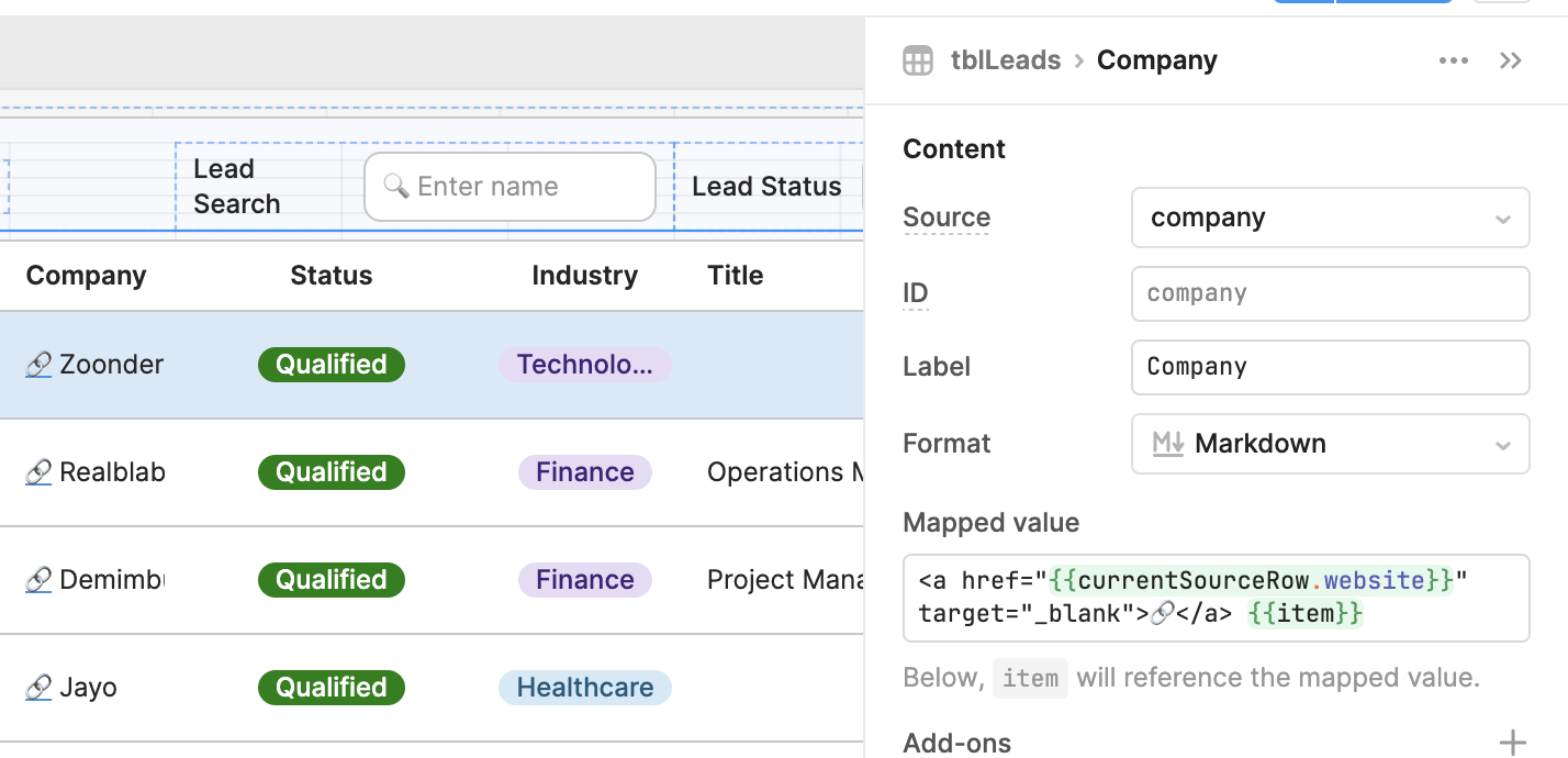 company column header settings in retool