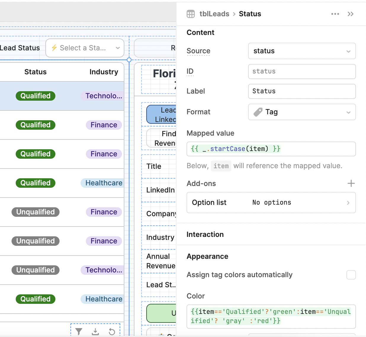 status ternary in table in retool