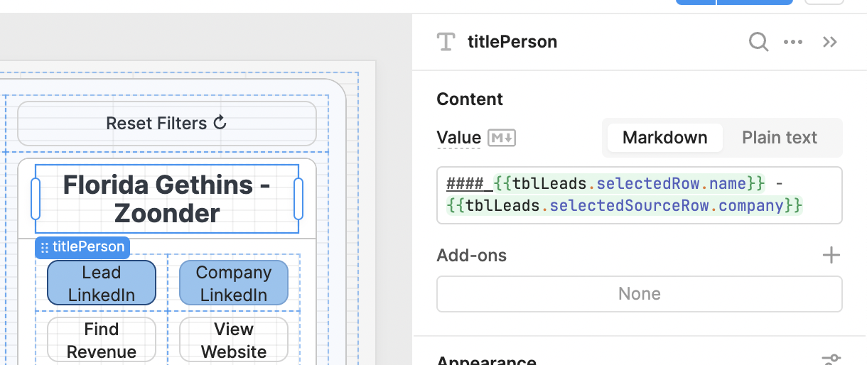 selected row dynamic text in retool