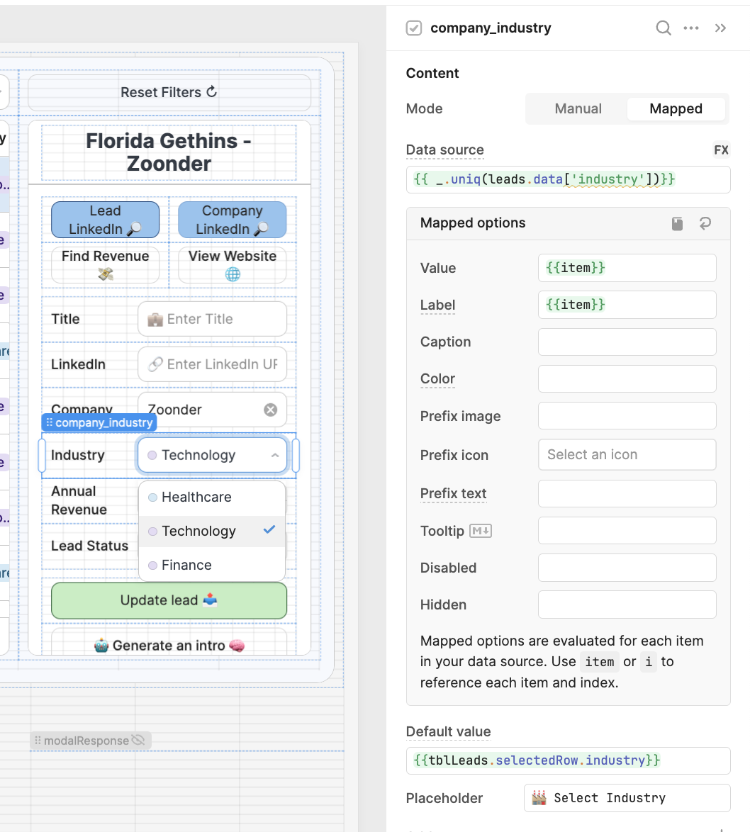 industry dropdown settings retool