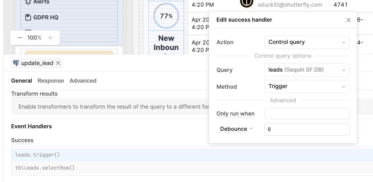 query trigger on query success handler retool