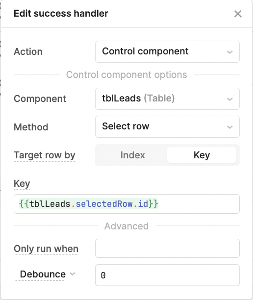 success handler select row retool