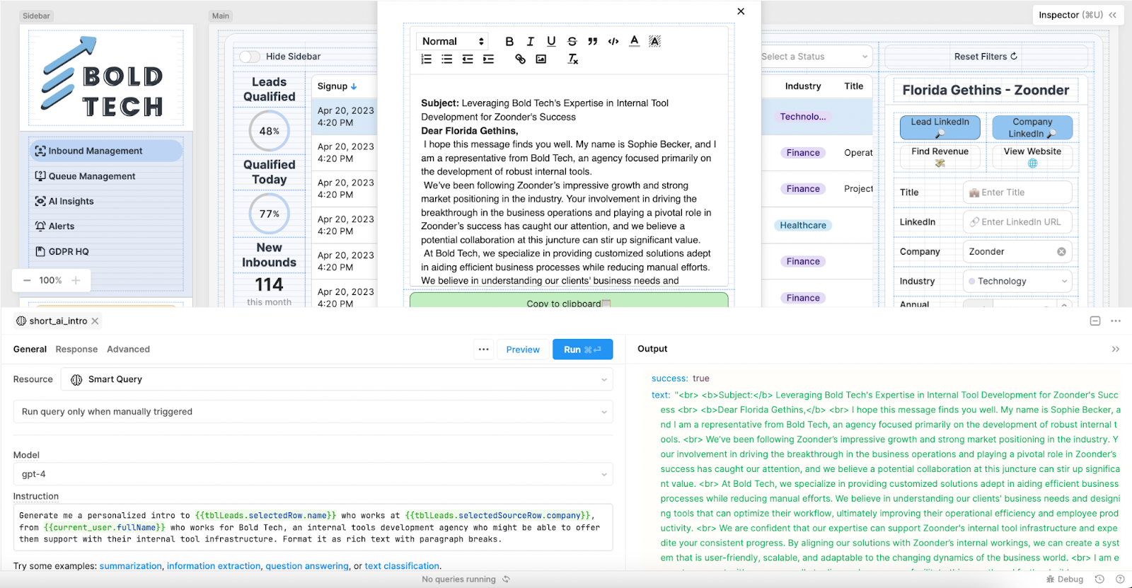 modal with ai intro in retool