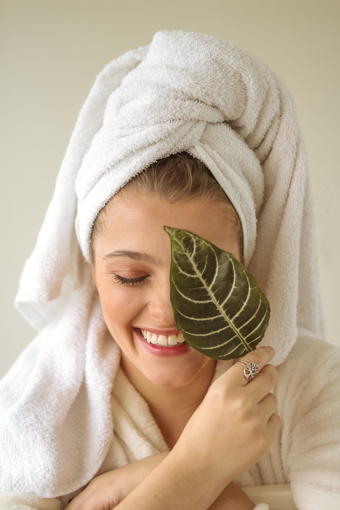 smiling women in towel head wrap