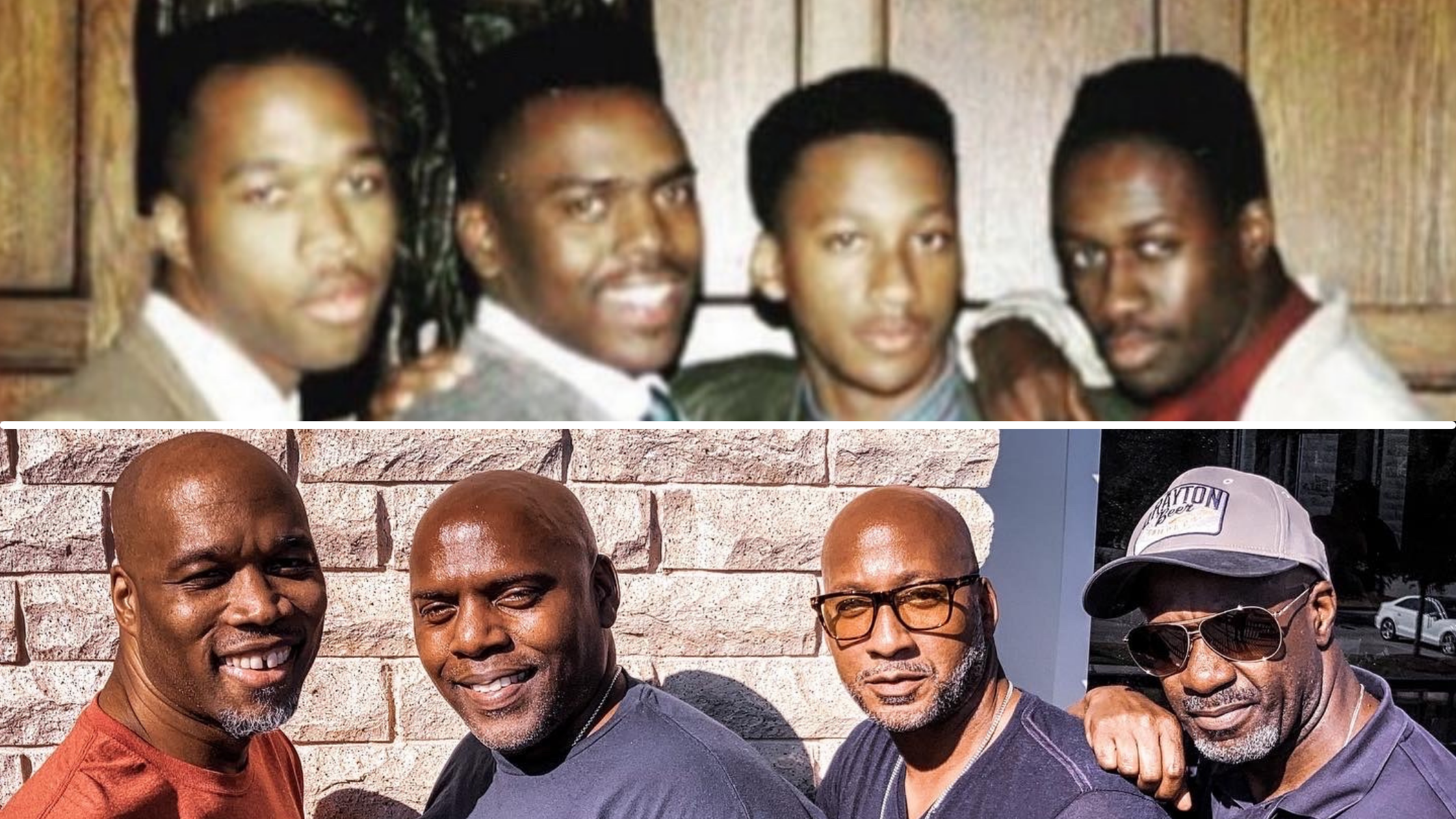 A picture of four black men posing in 1991 (top) and again in 2021 (bottom). The men are all bald. Be Bald and Free Day.