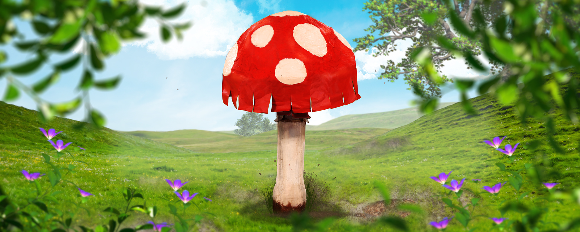 A large mushroom surrounded by foliage.
