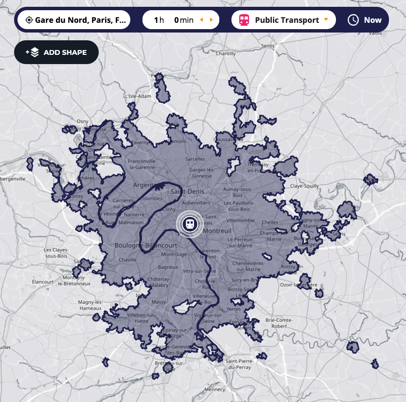 Paris train station current 60 mins PT catchment area