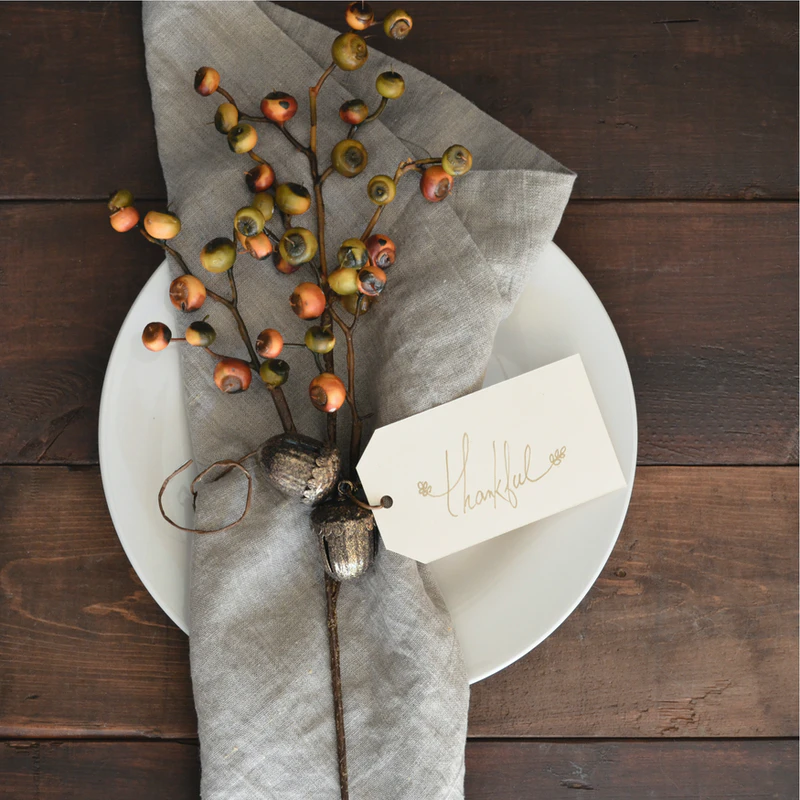 A branch with a card attached that says "thankful" as a means of expressing gratitude.