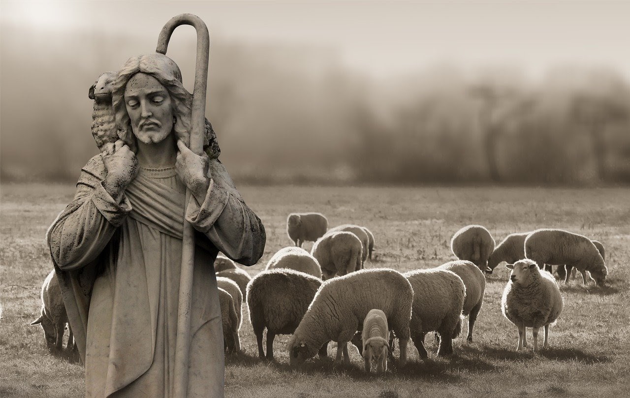 jesus with sheep on his shoulder and surrounded by sheep