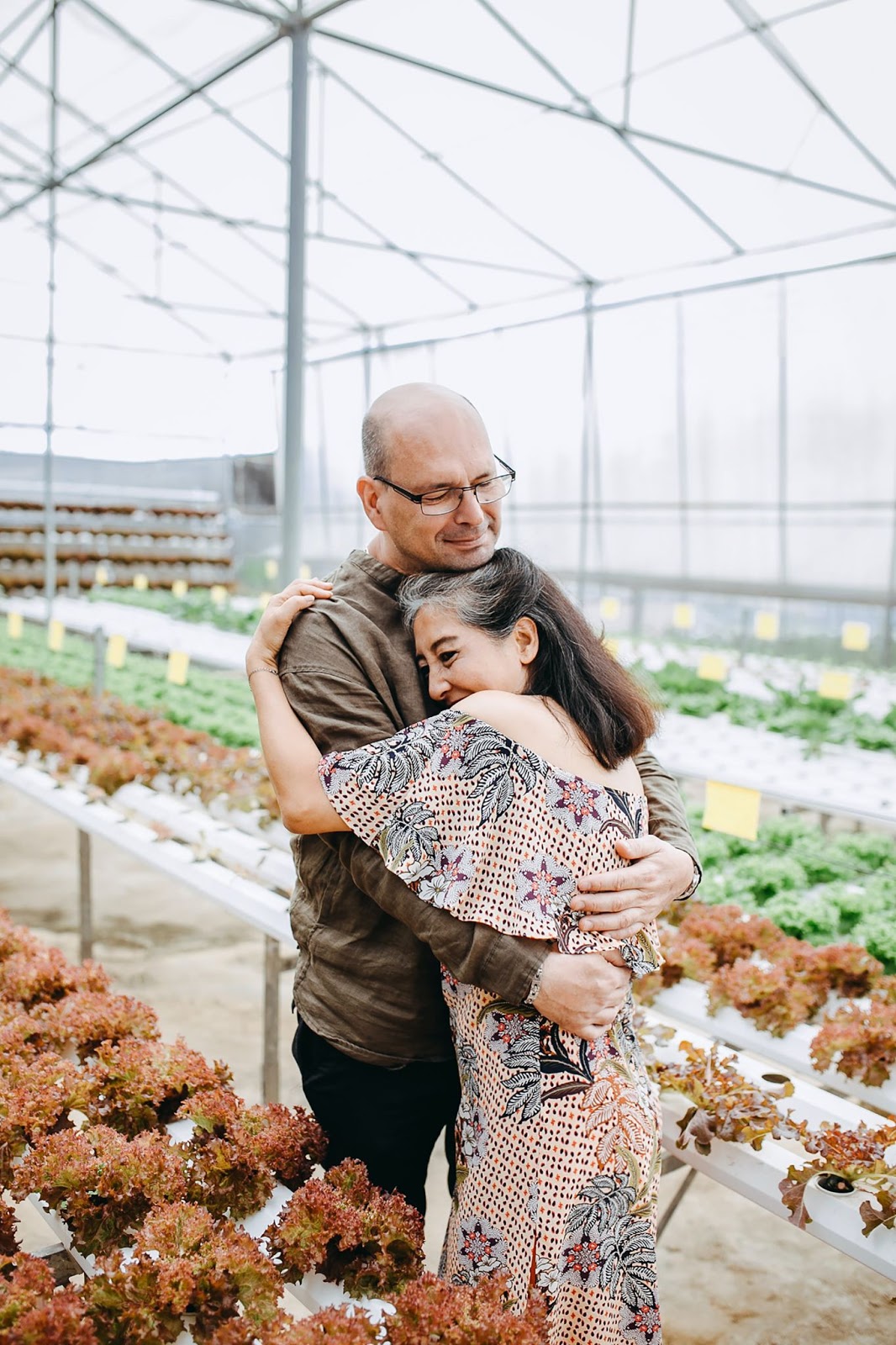 a man and woman hugging in a greenhouse