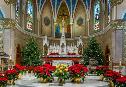 The inside of a church as Christmas time