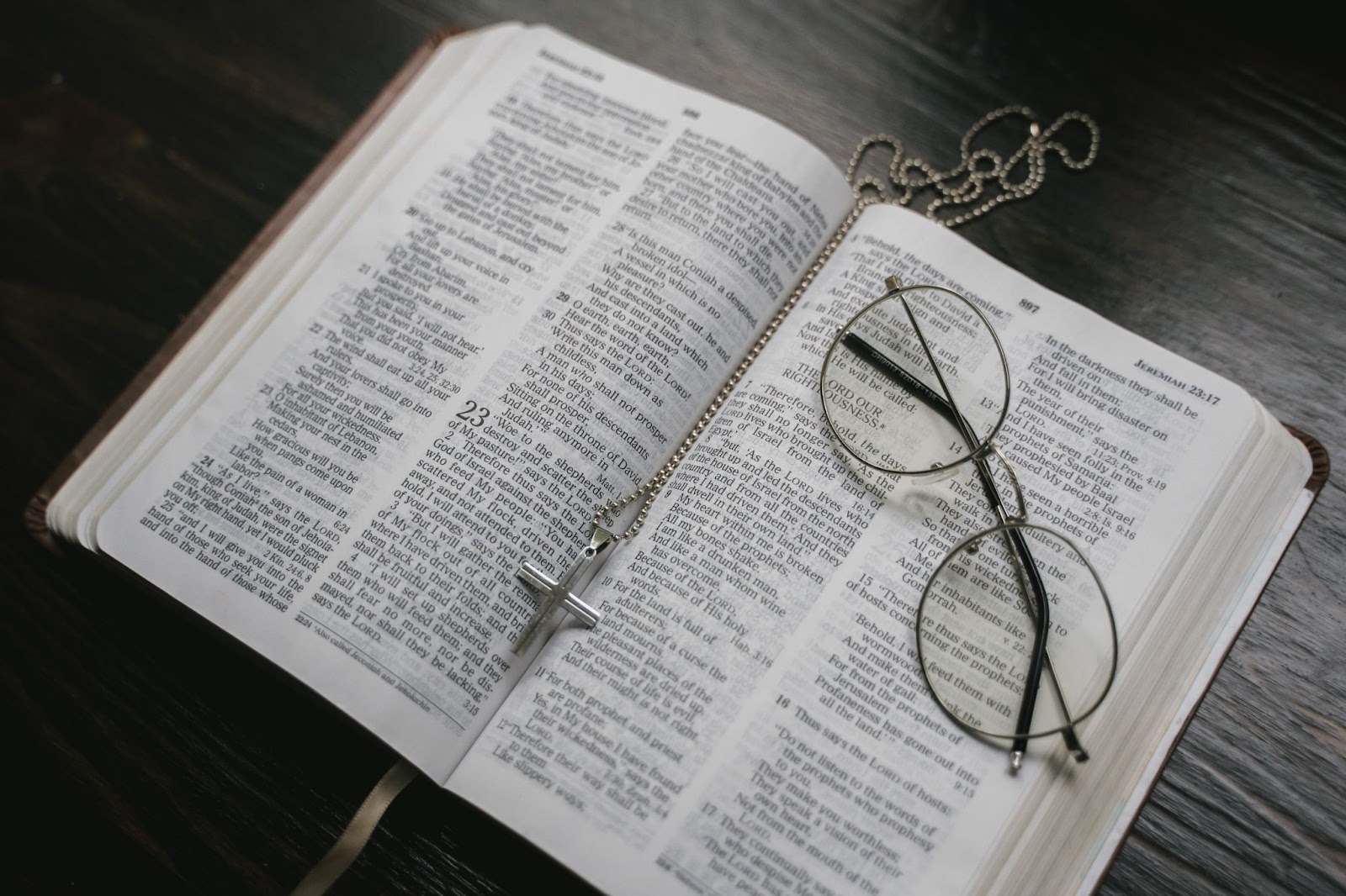 An open Bible with glasses and a cross resting on it