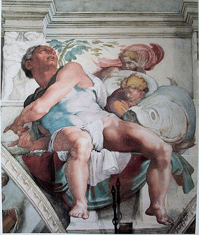 Painting of Jonah on ceiling of Sistine Chapel by Michelangelo