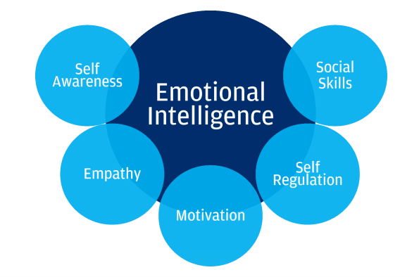 graphic of emotional intelligence: self awareness, empathy, motivation, self regulation, social skills