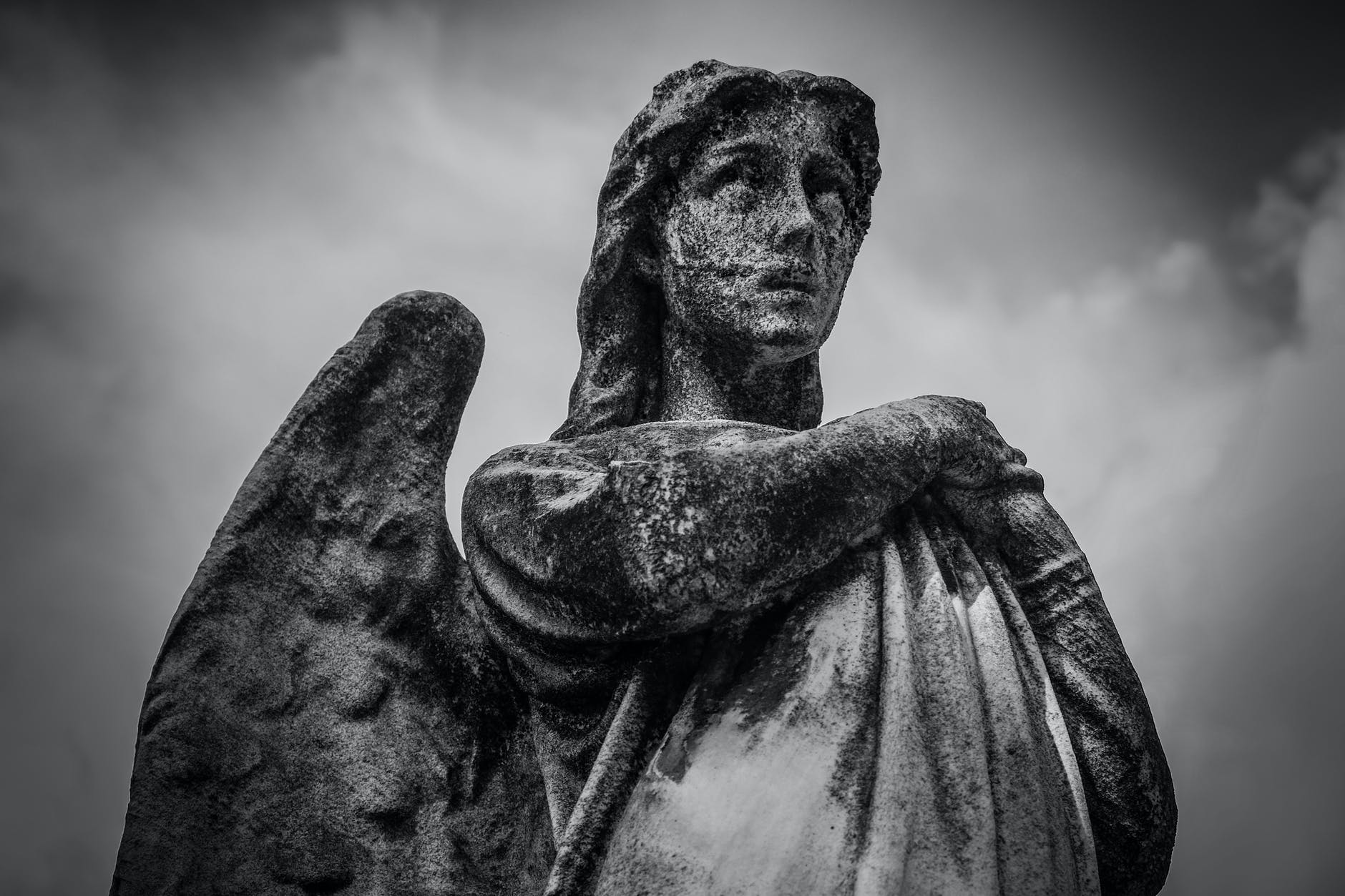 Black and white image of angel statue