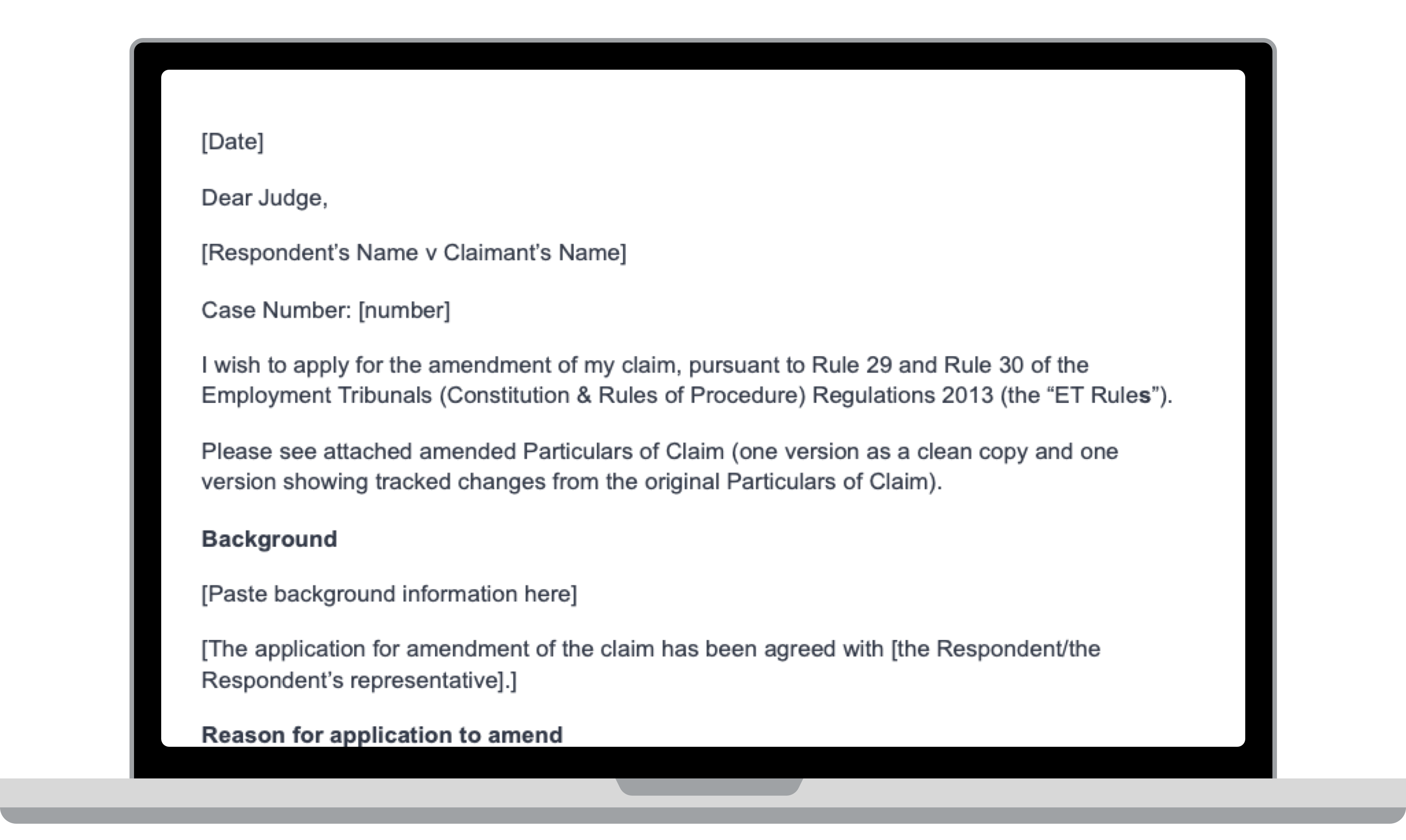 A laptop containing the application to amend employment tribunal letter template