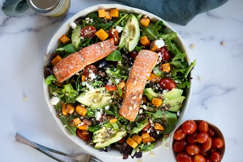 Superfood Salmon Quinoa Salad with Roasted Sweet Potatoes