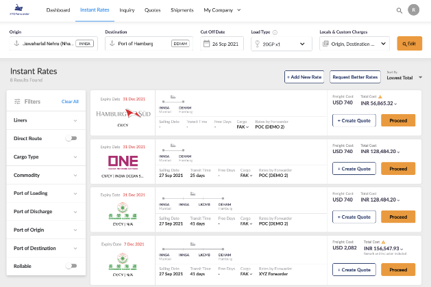THis is an image of the Freightify Rate Management Platform showing different liners' rates including that of Hapag Lloyd, Evergreen line, Safmarine, Maersk line, CMA CGM.