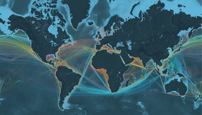 World map showing major and busiest shipping routes for global trade