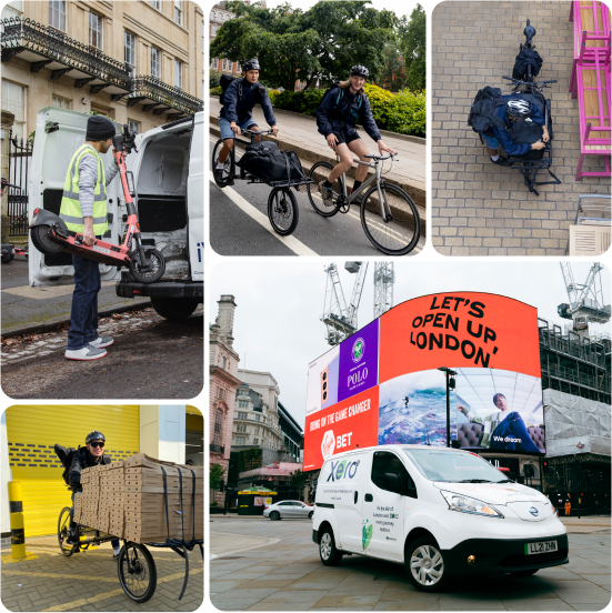XeroE delivers with electric vans, cargo bikes, electric cars and bicycles collage