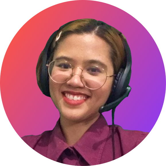 Woman with headphones with an orange and purple gradient background