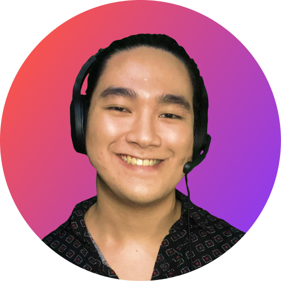 Man with headphones with an orange and purple gradient background