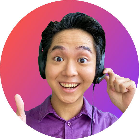 Man with headphones with an orange and purple gradient background