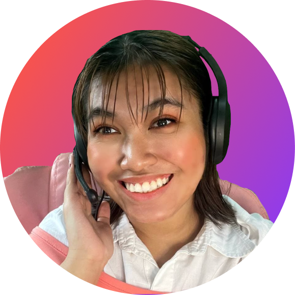 Woman with headphones with an orange and purple gradient background