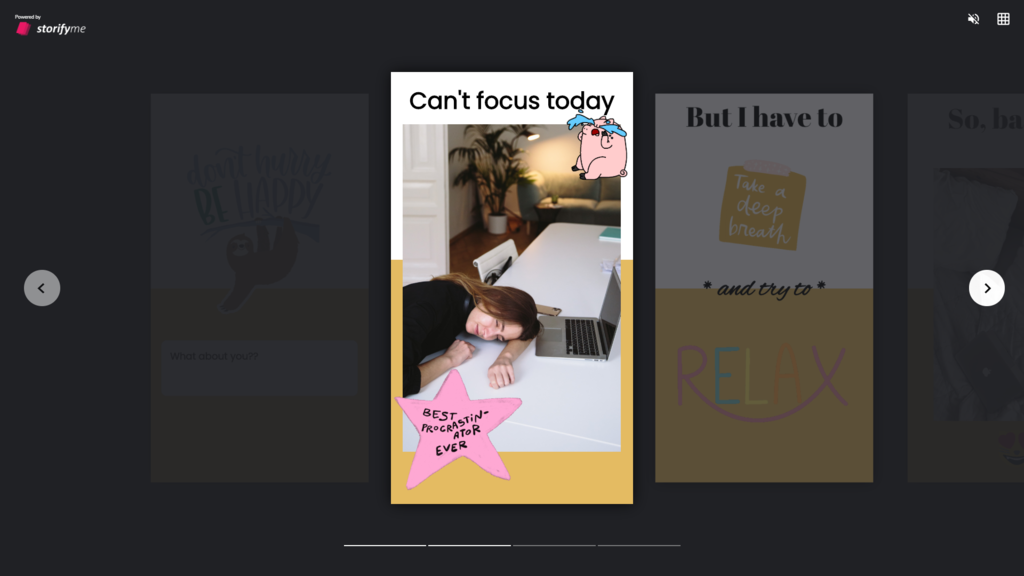 Website stories example with woman without inspiration on one slide