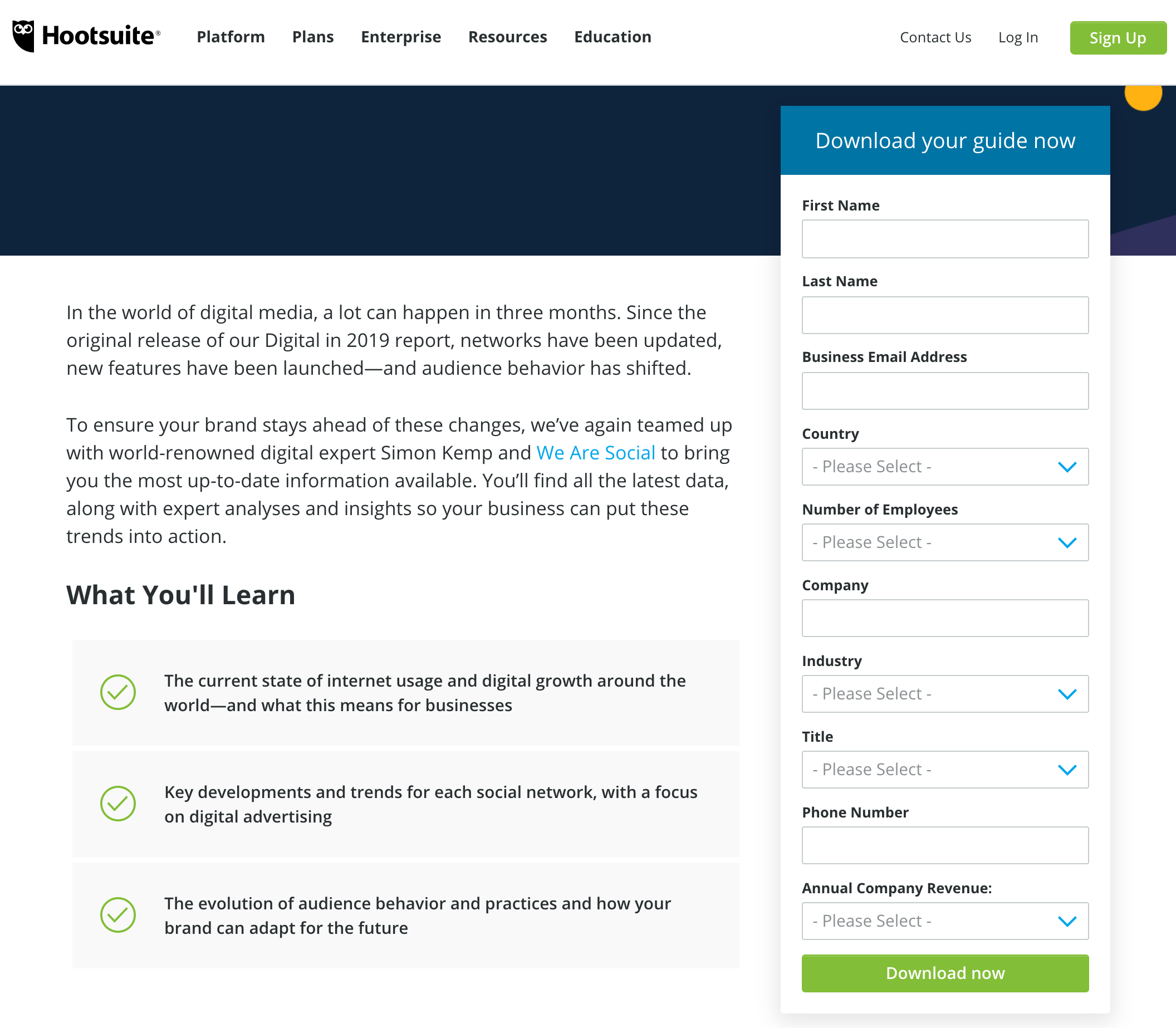 Hootsuite landing page