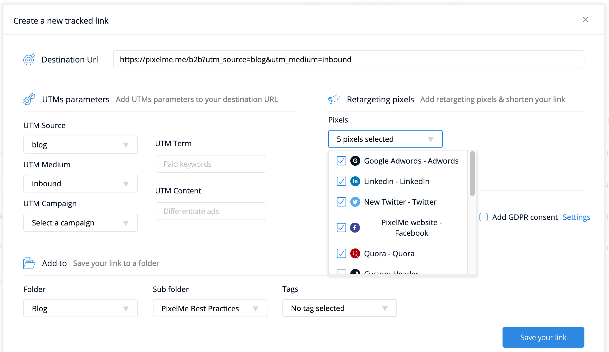 Link retargeting pixels