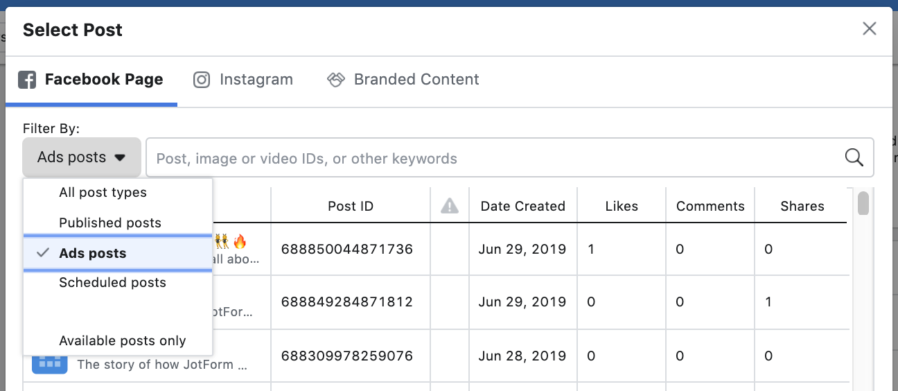 Facebook Ad - Filter by post