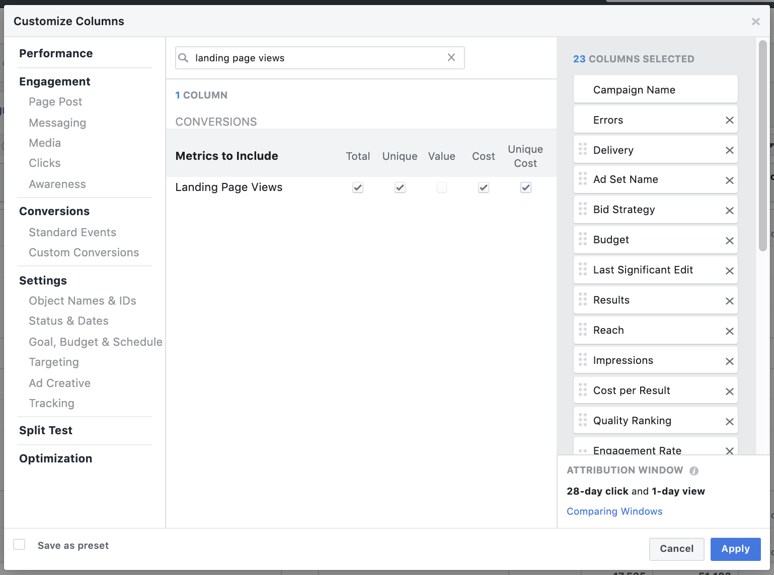 Facebook Ad reporting - landing page views