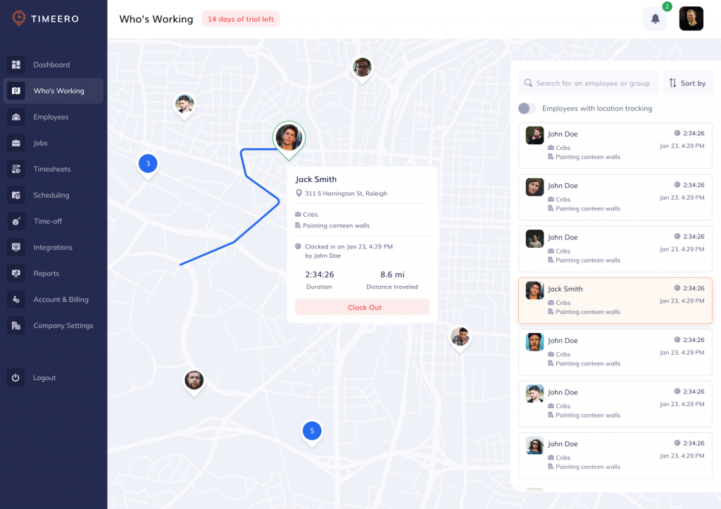 the screenshot shows Timeero mileage tracking dashboard that helps one grow their home care business