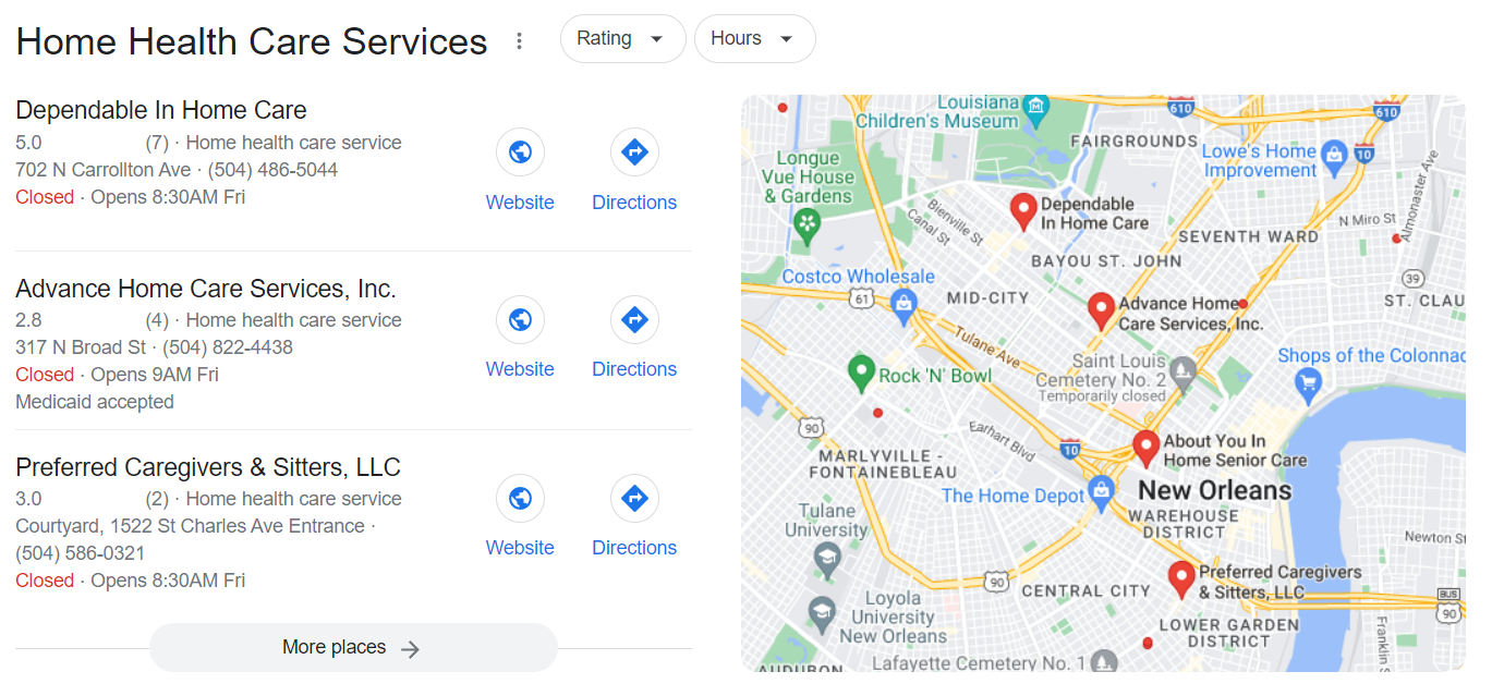 an example of home health care services Google My Business card