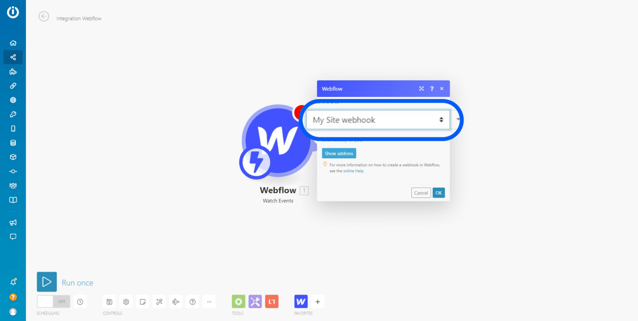 Choix webhook depuis le tableau de board integromat
