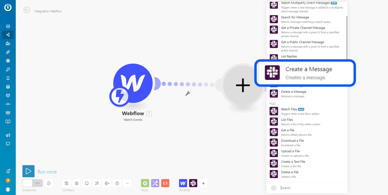 choix d'une action slack dans Integromat