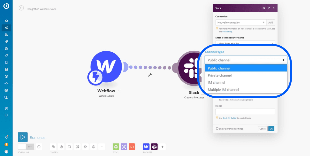 choix du type de channel slack dans integroamt