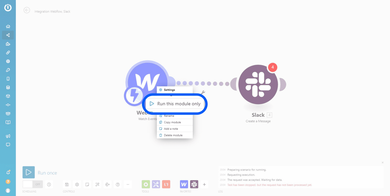récupération des données par le webhook webflow dans integromat