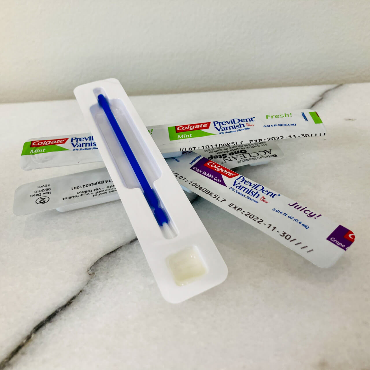 Fluoride treatment products on display at the office front desk