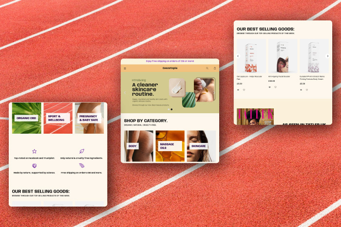 a mock-up of playful and colourful Shopify website design for beauty and wellness brand in the UK