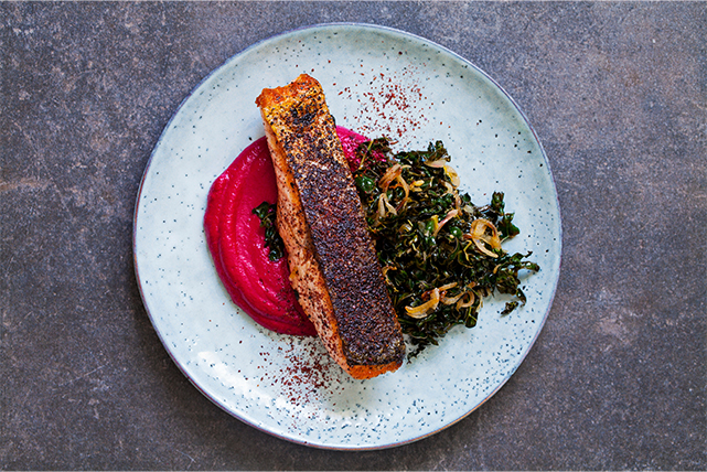 Fried Salmon with Crispy Seaweed and Betroot Puree