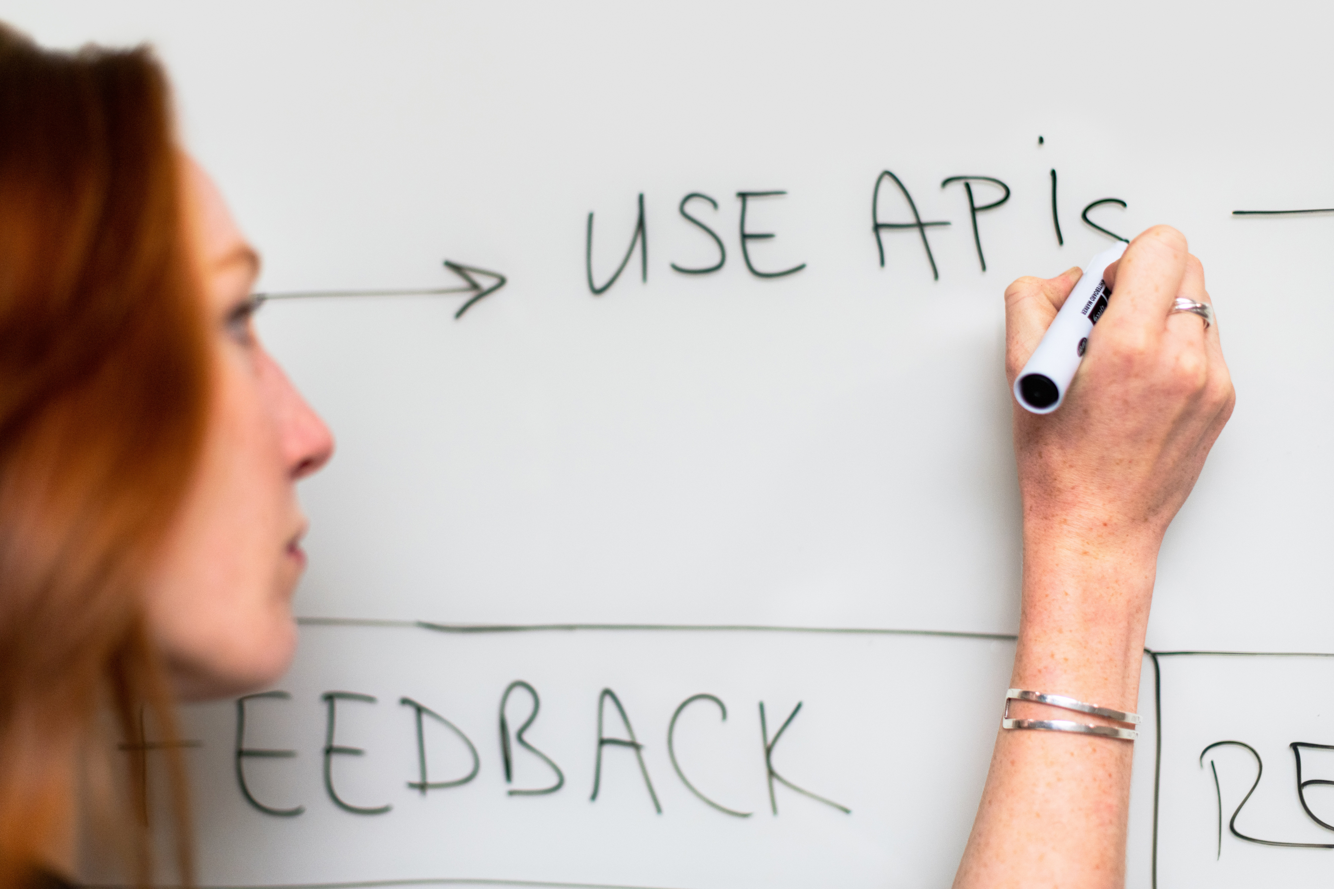 Female software engineer using a whiteboard