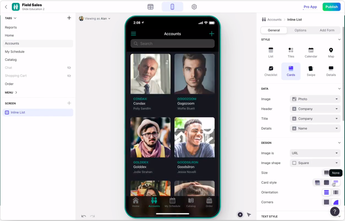 UI of Glide, an app development tool