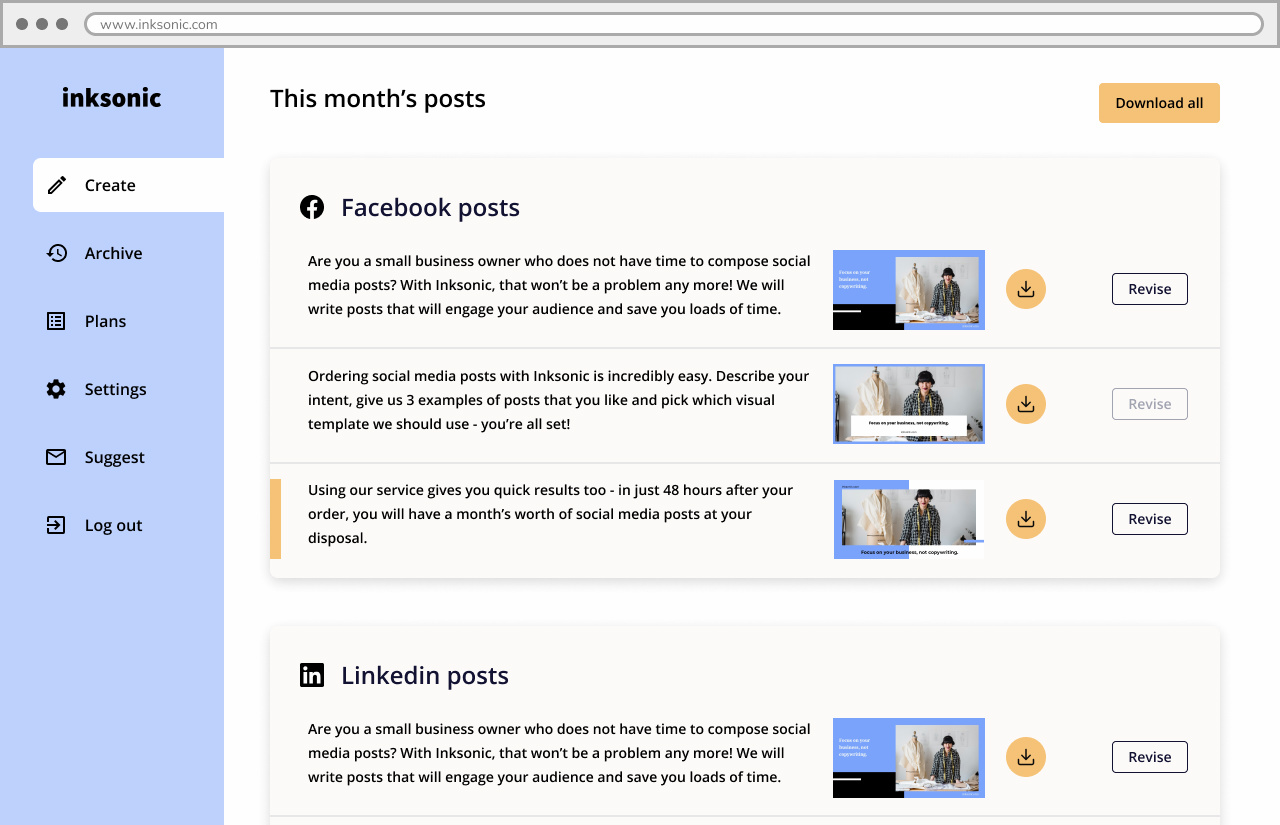 A screenshot of a No Code MVP we made with Bubble for Inksonic, a social media copywriting service
